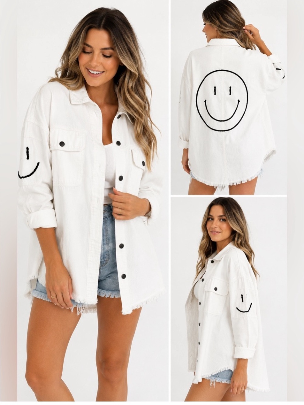 White Smile Back Graphic Button-Up Shacket size Large